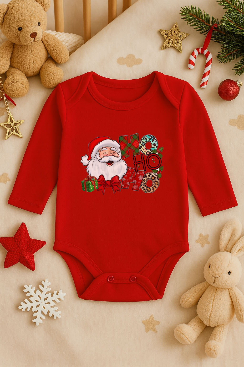 Yeni Yıl Baskılı Kırmızı Uzun Kol Bebek Zıbın