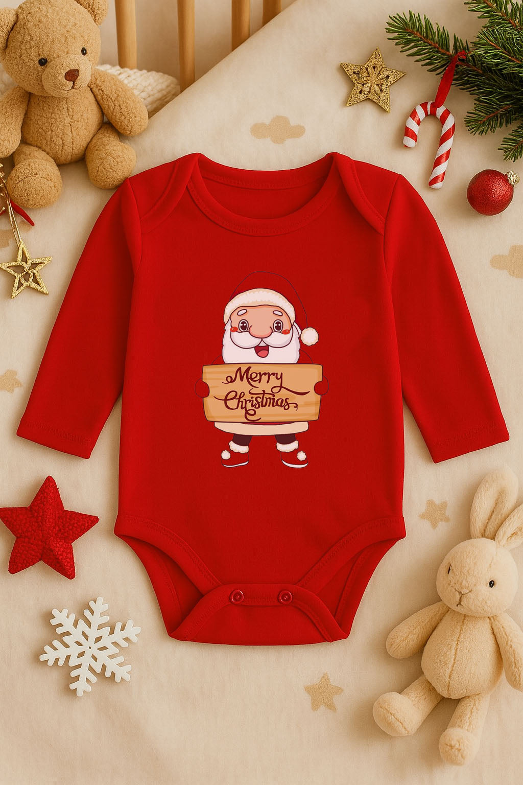 Yeni Yıl Baskılı Kırmızı Uzun Kol Bebek Zıbın