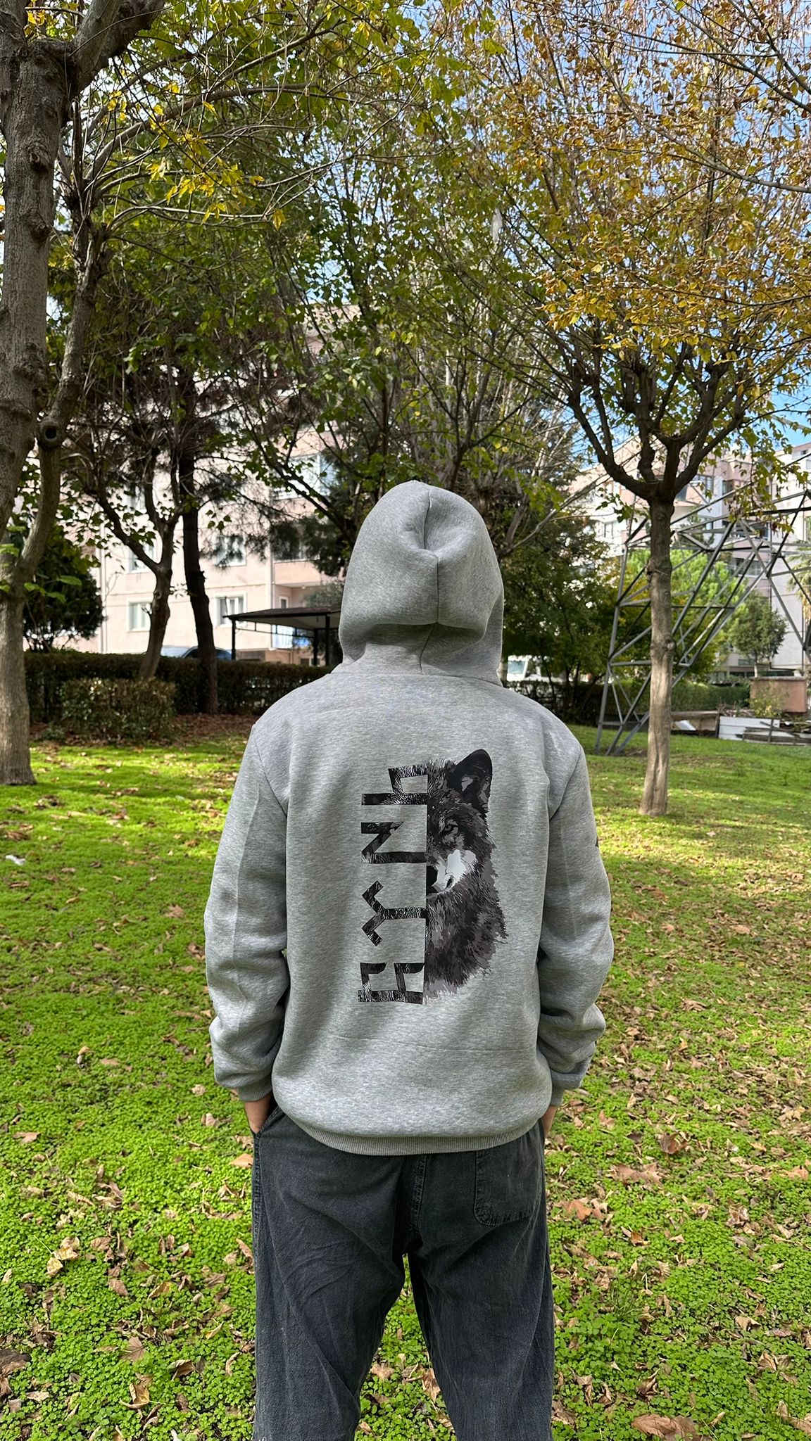 Türk Bozkurt Kol Sırt Detay Baskılı Gri Kapşonlu Sweatshirt