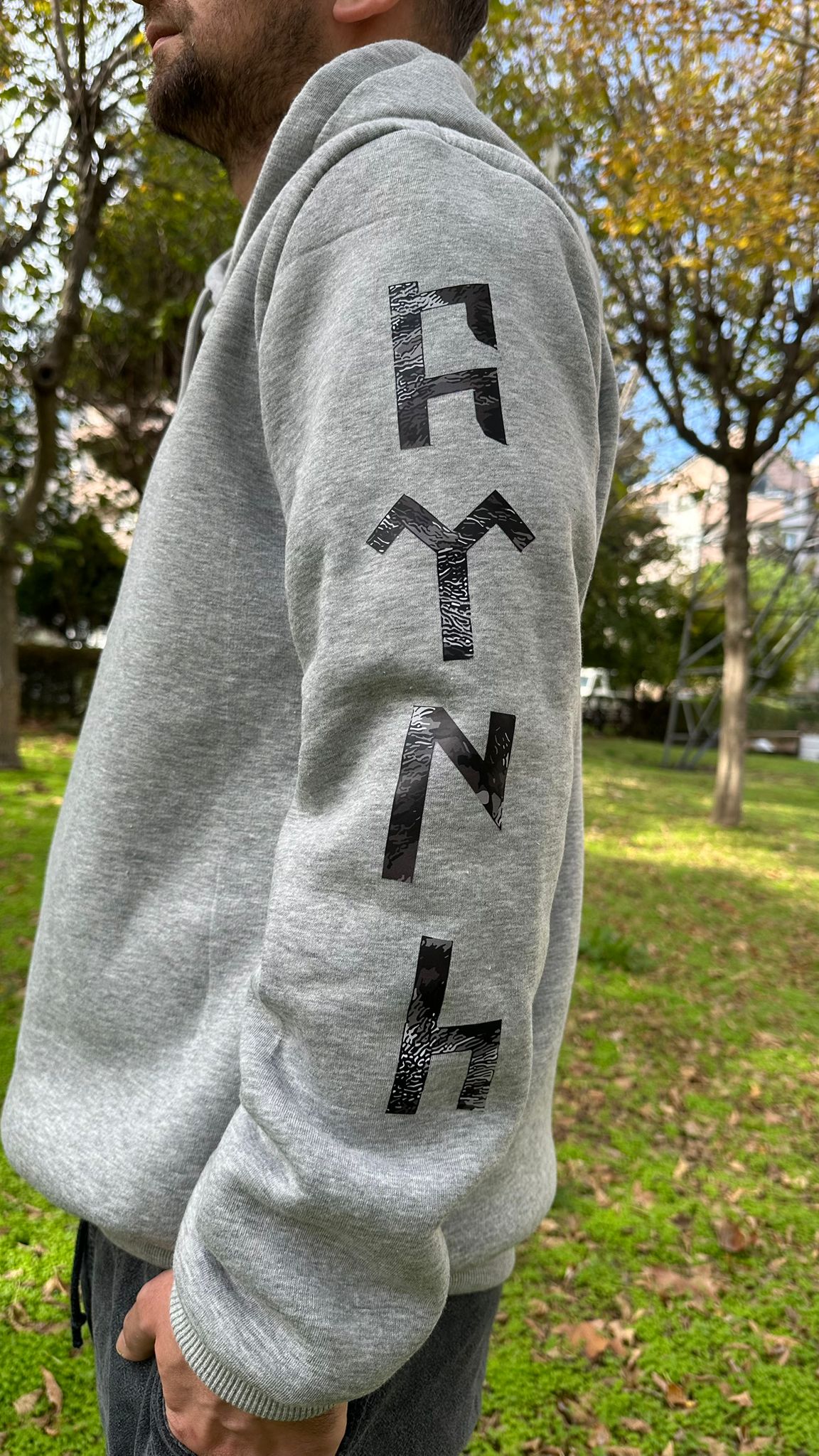 Türk Bozkurt Kol Sırt Detay Baskılı Gri Kapşonlu Sweatshirt