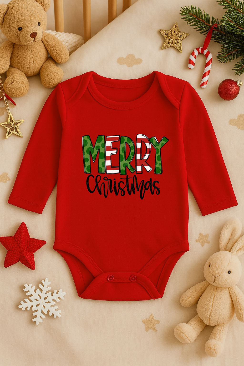 Yeni Yıl Baskılı Kırmızı Uzun Kol Bebek Zıbın