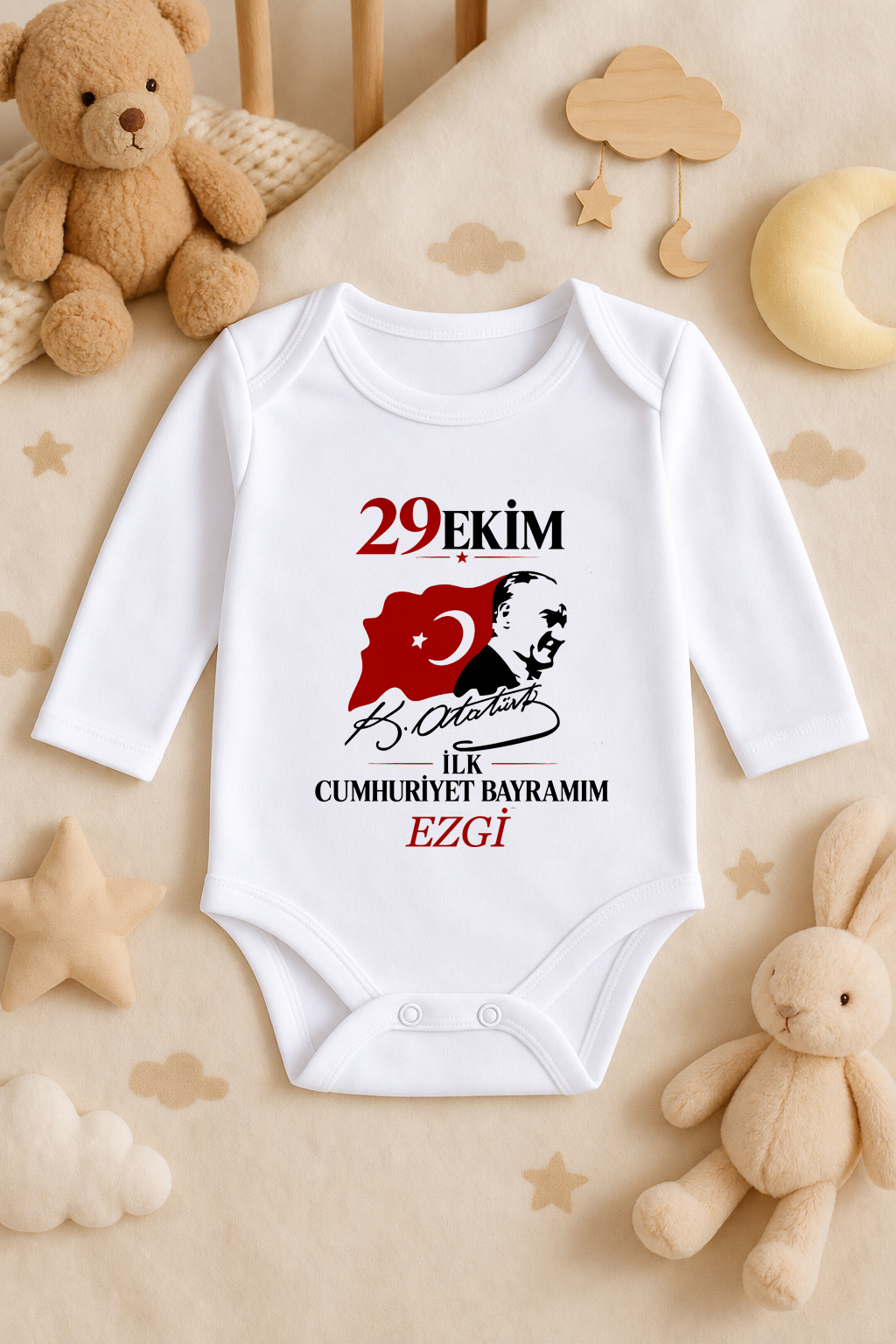 İsime Özel İlk Cumhuriyet Bayramım Baskılı Beyaz Zıbın