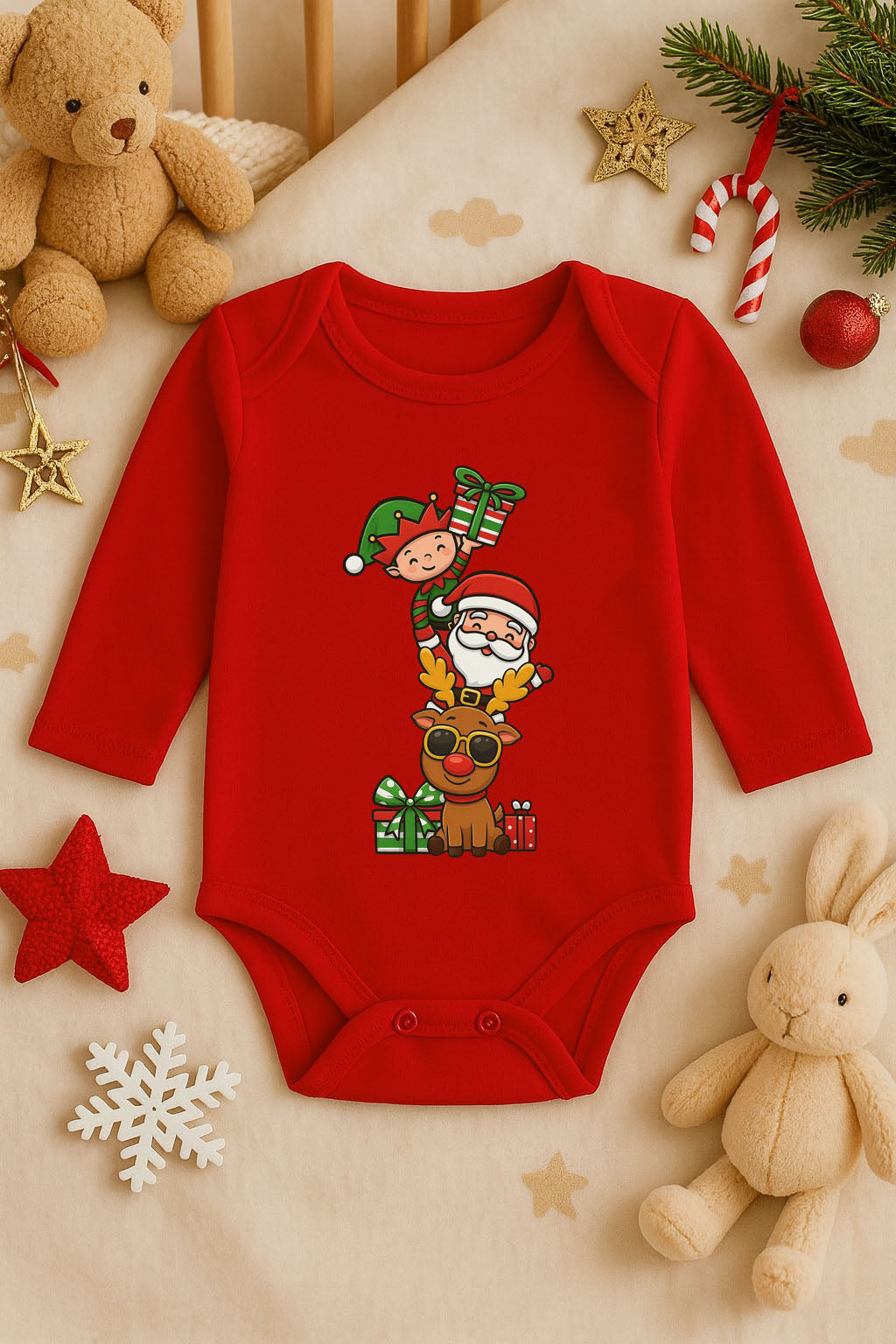 Yeni Yıl Baskılı Kırmızı Uzun Kol Bebek Zıbın