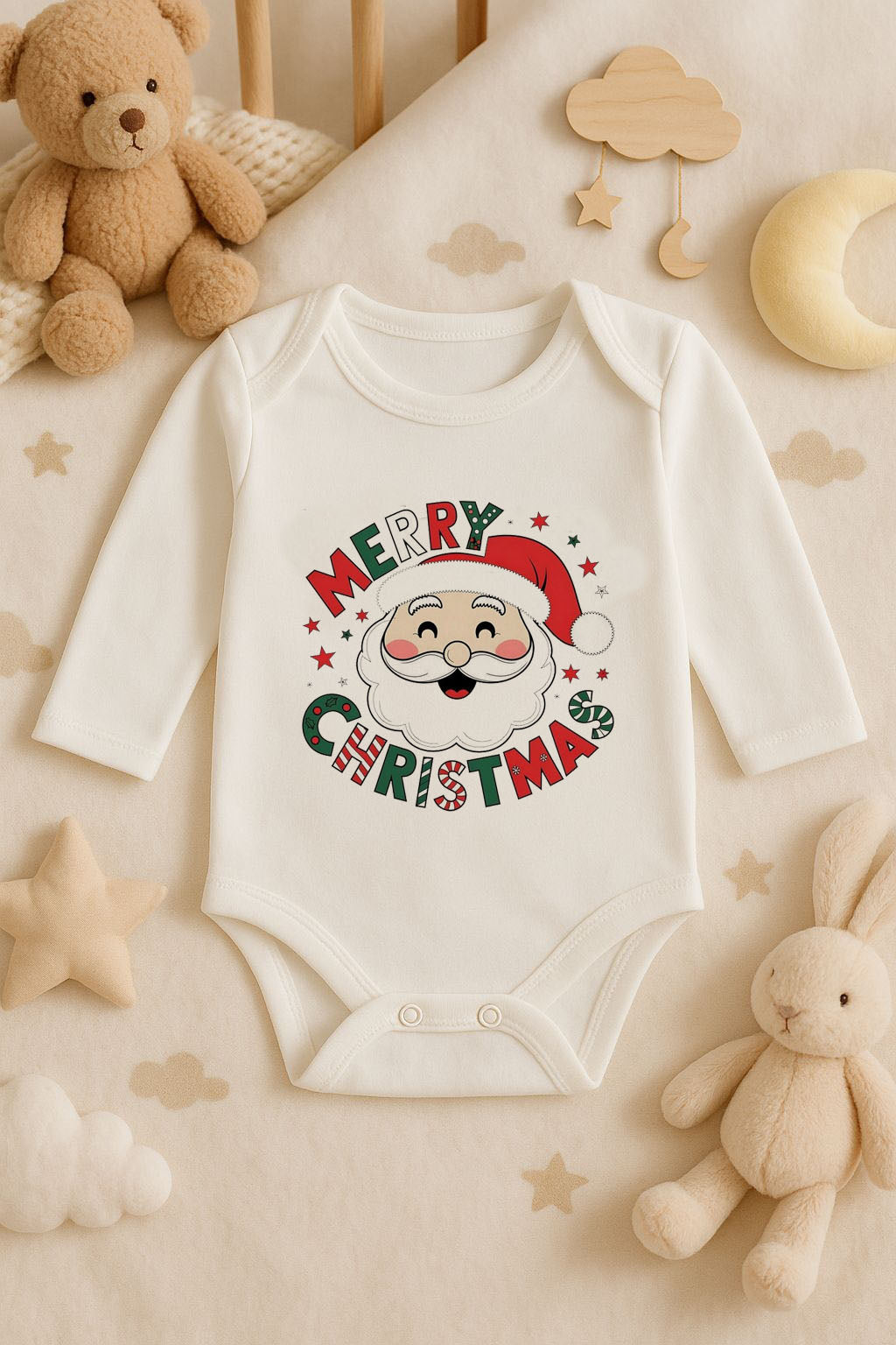 Yeni Yıl Baskılı Ekru Uzun Kol Bebek Zıbın