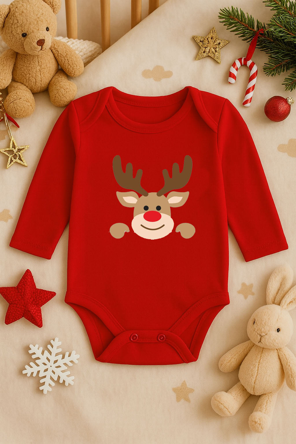 Yeni Yıl Baskılı Kırmızı Uzun Kol Bebek Zıbın