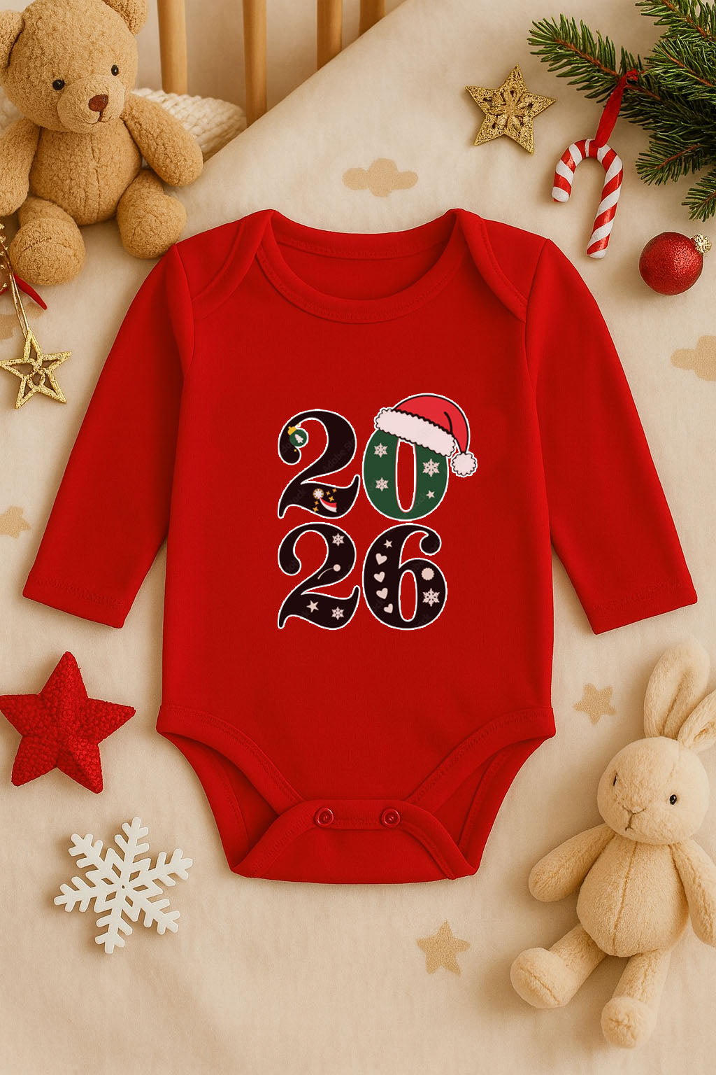 Yeni Yıl Baskılı Kırmızı Uzun Kol Bebek Zıbın