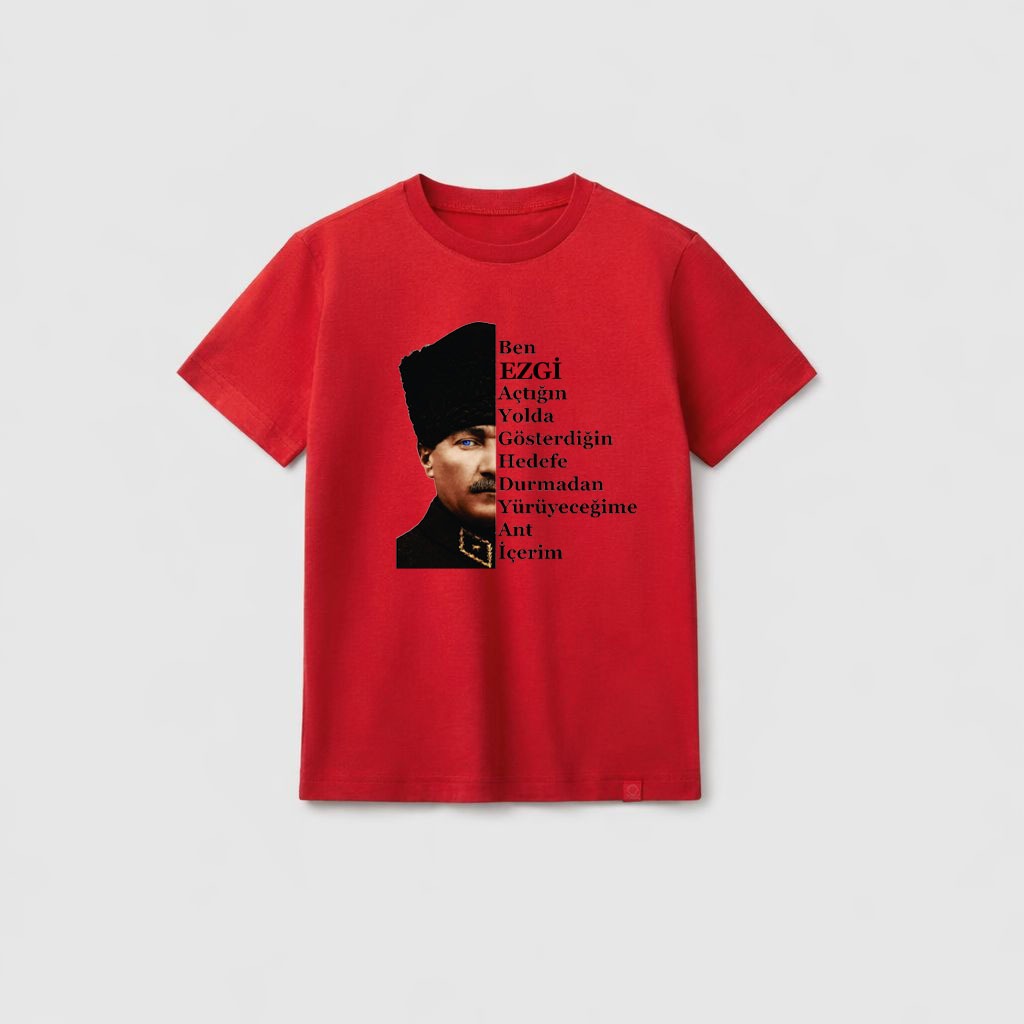 Kişiye İsme Özel 23 Nisan Çocuk Bayramı Atatürk Baskılı Kırmızı Tişört T-shirt