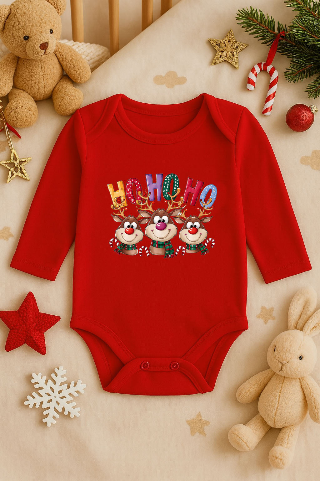 Yeni Yıl Baskılı Kırmızı Uzun Kol Bebek Zıbın