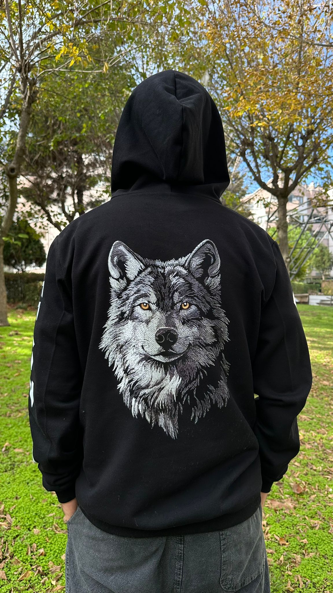 Türk Bozkurt Kol Sırt Detay Baskılı Siyah Kapşonlu Sweatshirt