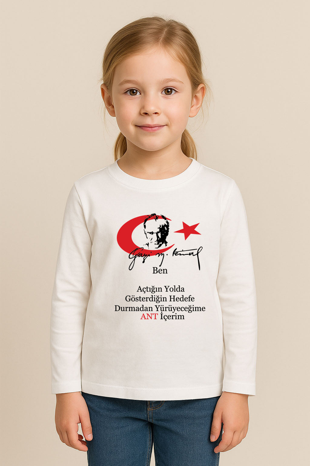 Kişiye İsme Özel 23 Nisan Çocuk Bayramı Atatürk Baskılı Beyaz UZUN KOL  Tişört T-shirt