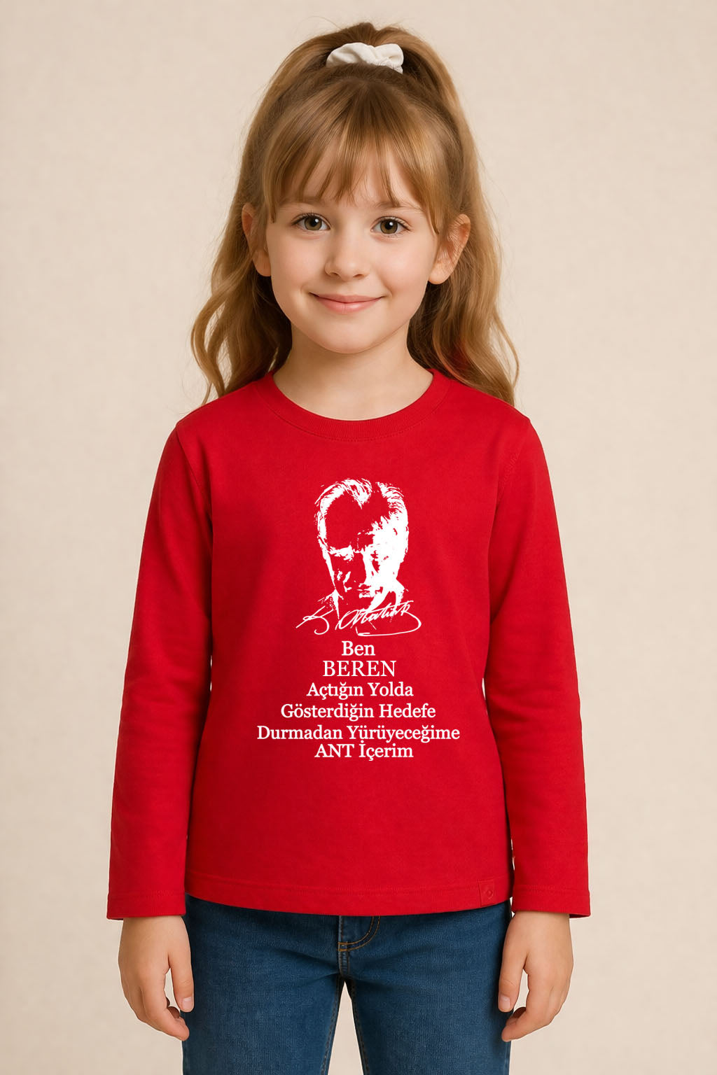 Kişiye İsme Özel 23 Nisan Çocuk Bayramı Atatürk Baskılı Kırmızı Uzun Kol Tişört T-shirt