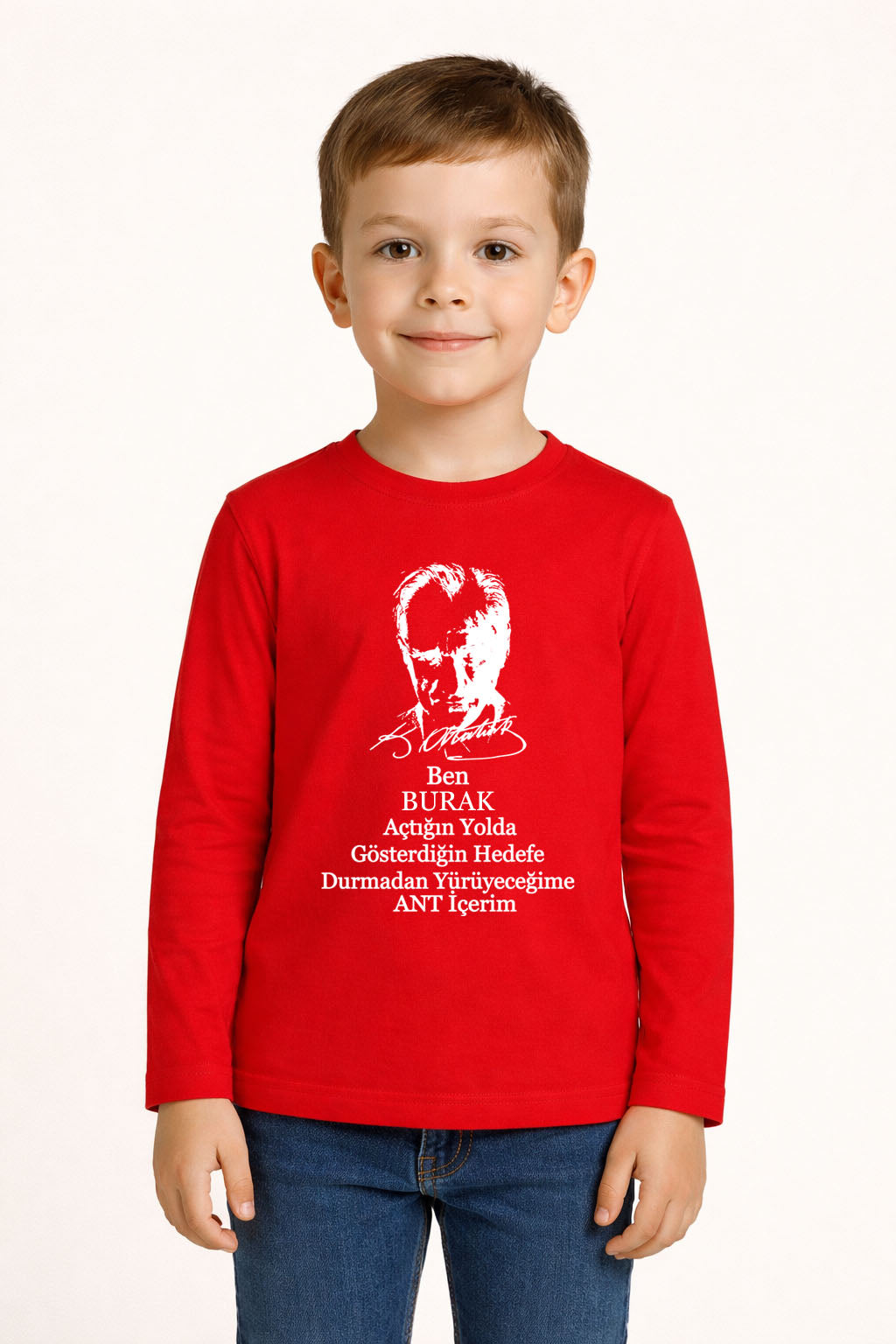 Kişiye İsme Özel 23 Nisan Çocuk Bayramı Atatürk Baskılı Kırmızı Uzun Kol Tişört T-shirt
