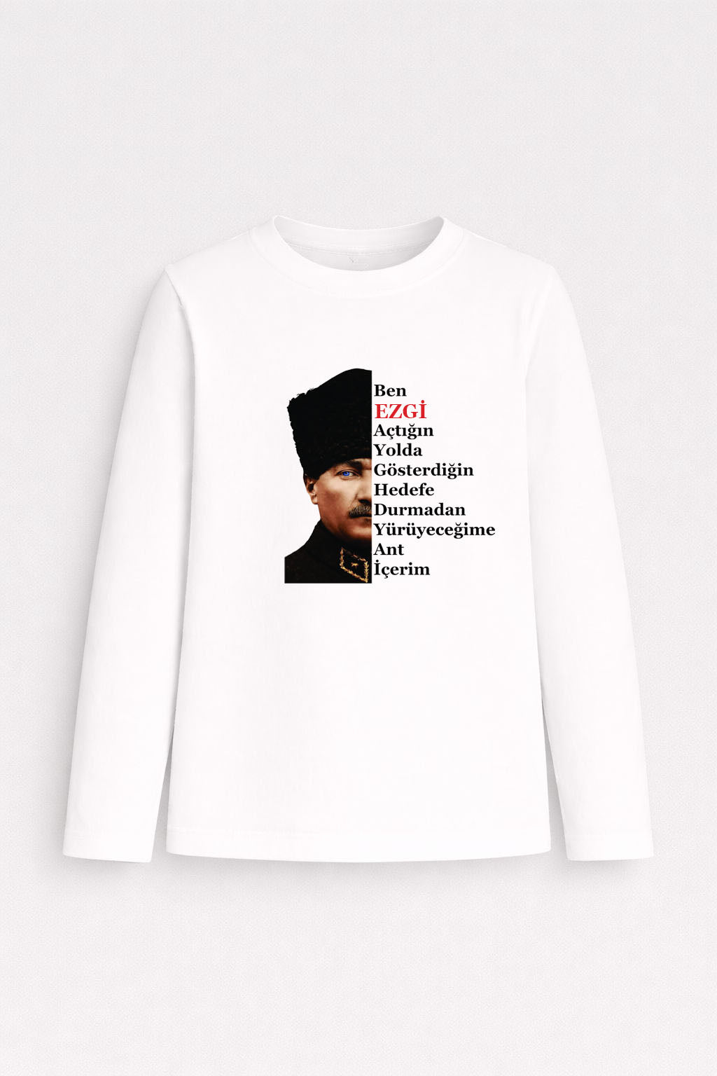 Kişiye İsme Özel 23 Nisan Çocuk Bayramı Atatürk Baskılı Beyaz Uzun Kol Tişört T-shirt