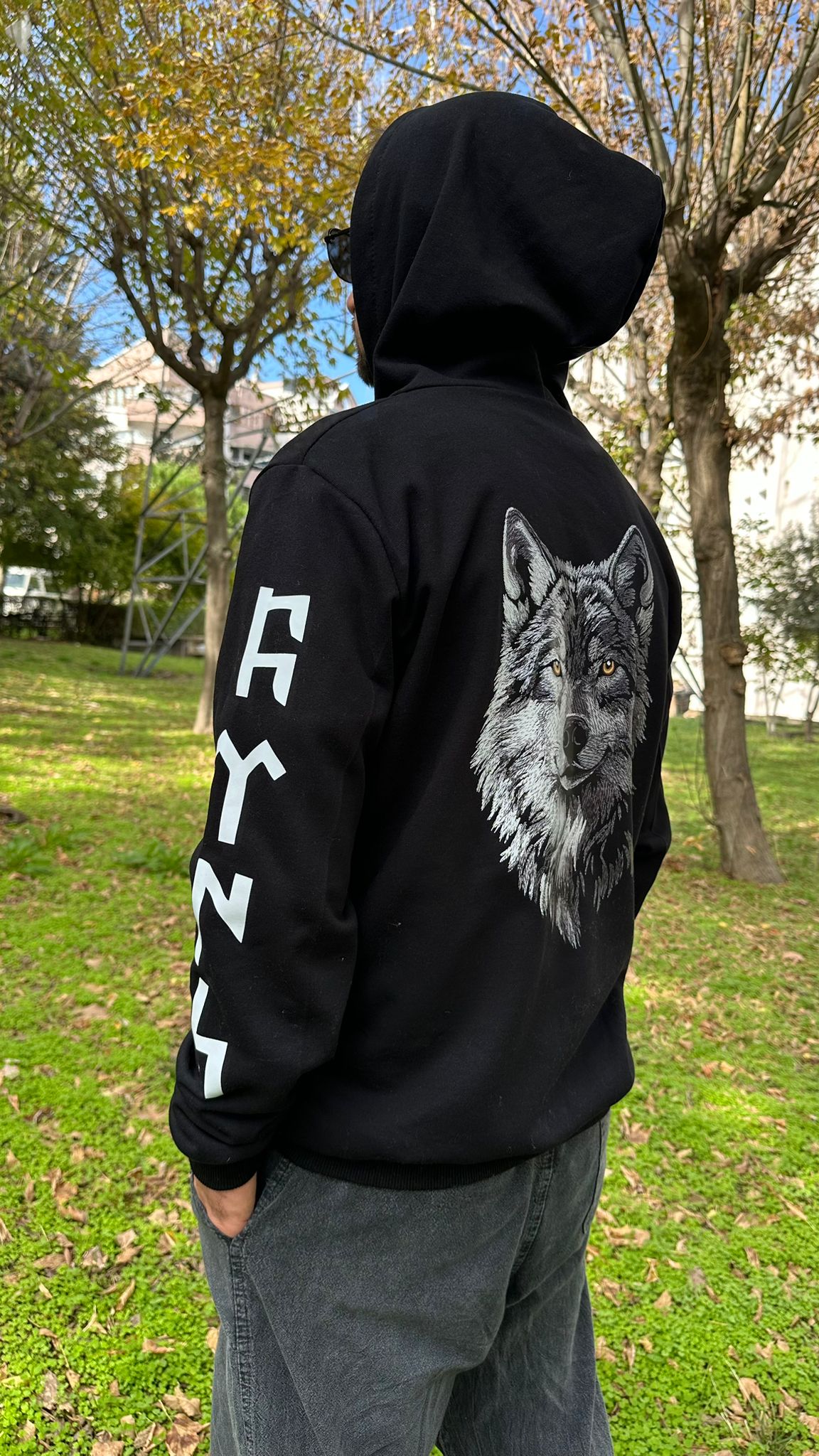 Türk Bozkurt Kol Sırt Detay Baskılı Siyah Kapşonlu Sweatshirt