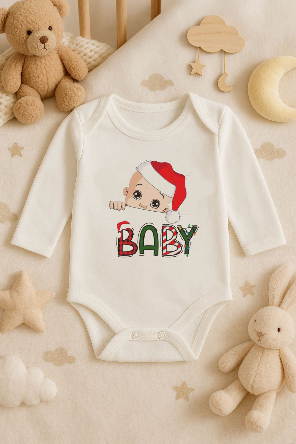 Yeni Yıl Baskılı Ekru Uzun Kol Bebek Zıbın