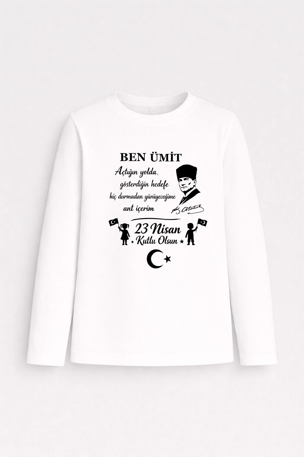 Kişiye İsme Özel 23 Nisan Çocuk Bayramı Atatürk Baskılı Beyaz Uzun Kol Tişört T-shirt