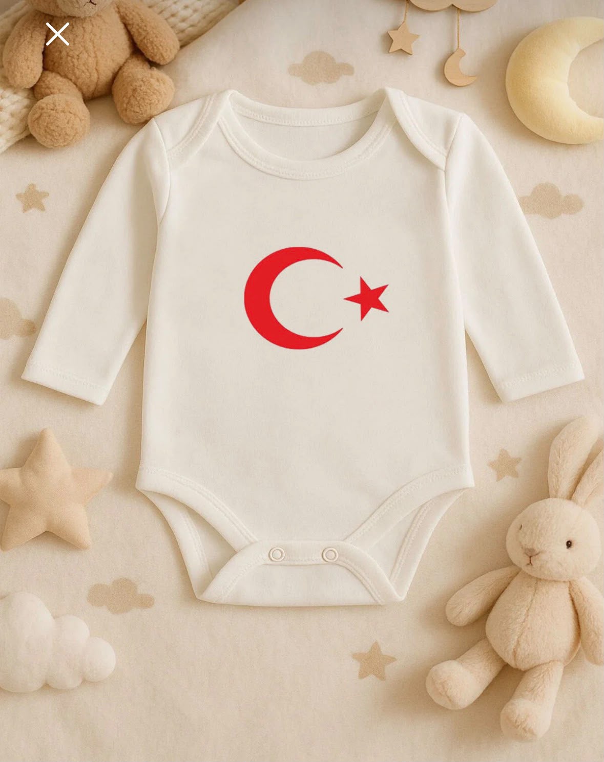 Türk Bayrağı Ay Yıldız Baskılı Beyaz Zıbın