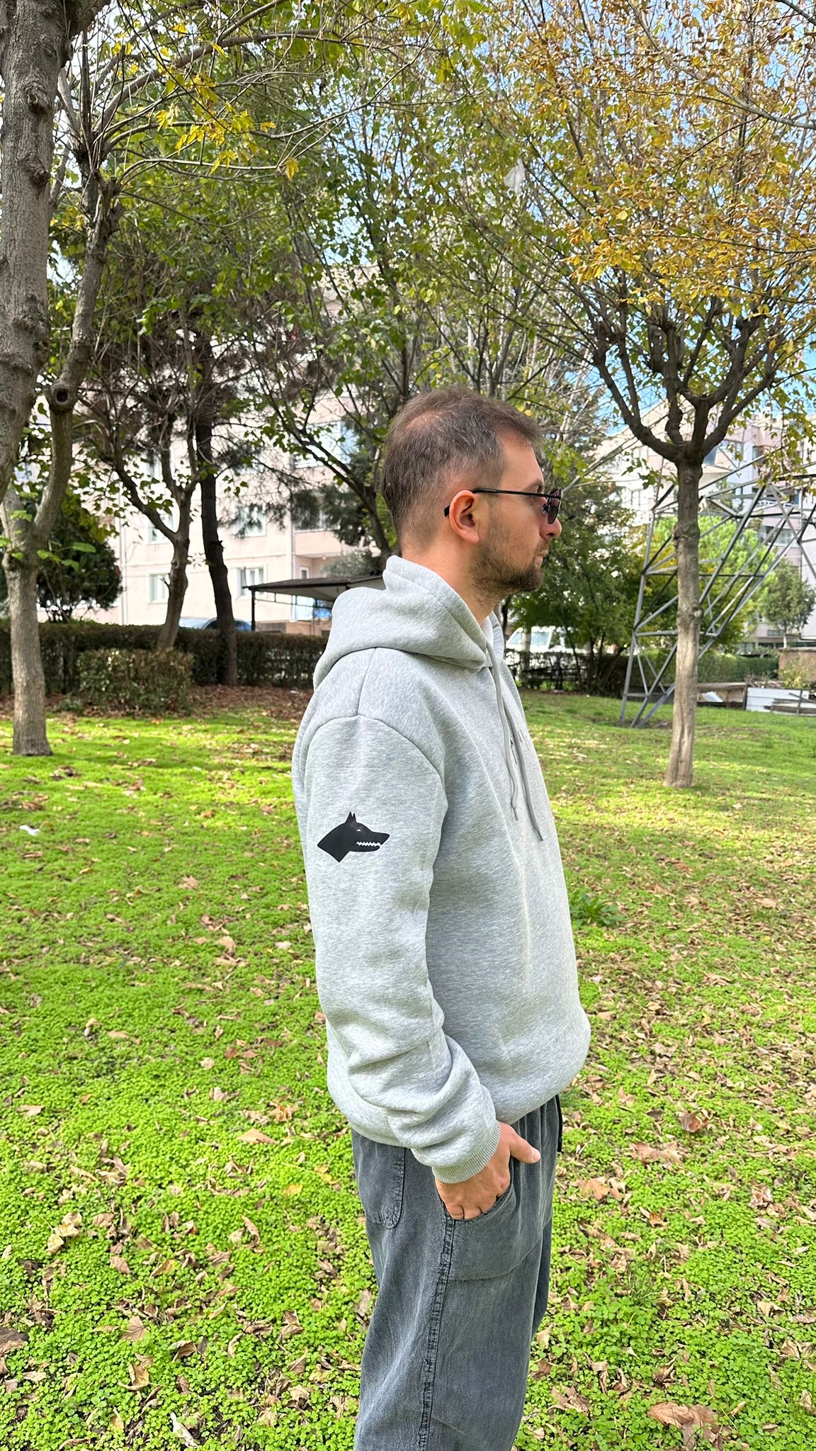 Türk Bozkurt Kol Sırt Detay Baskılı Gri Kapşonlu Sweatshirt