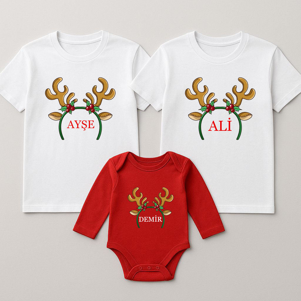 Kişiselleştirilebilir Yeni Yıl Baskılı Anne Baba Bebek kombini