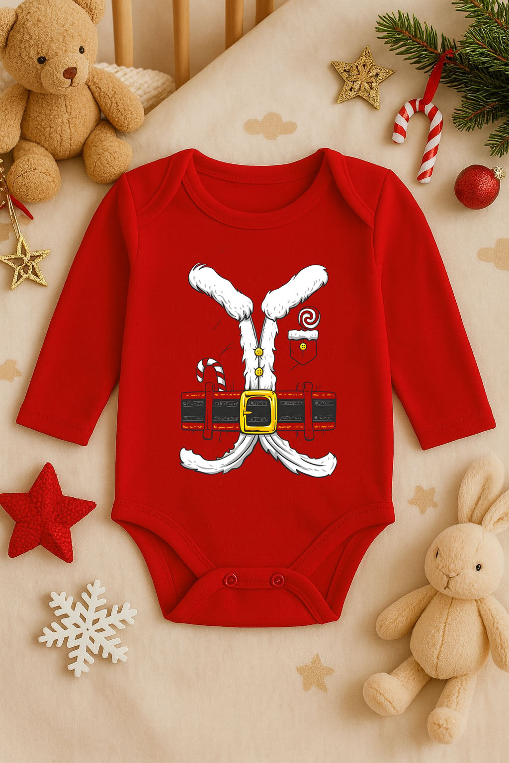 Yeni Yıl Baskılı Kırmızı Uzun Kol Bebek Zıbın